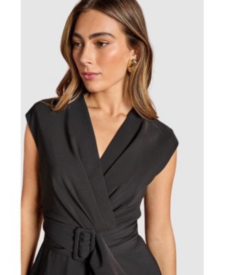 Women's Belted Crepe V-Neck Midi Dress.