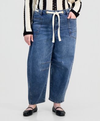 Trendy Plus Size Tie-Waist Barrel Jeans
