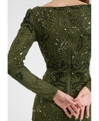 Women's Modest Embellished Sequin Beaded Dress Maxi With Wide Neck