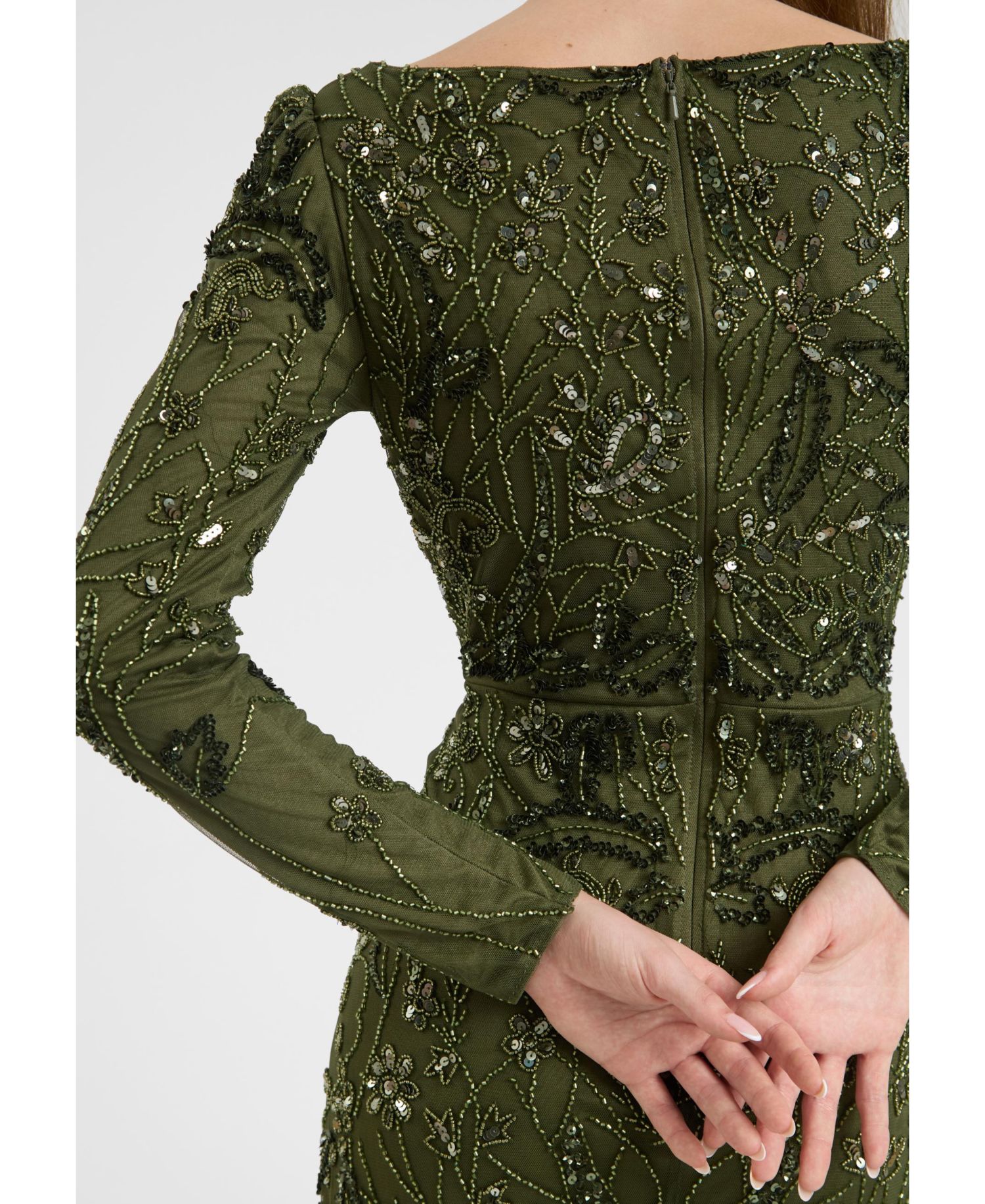 Women's Modest Embellished Sequin Beaded Dress Maxi With Wide Neck
