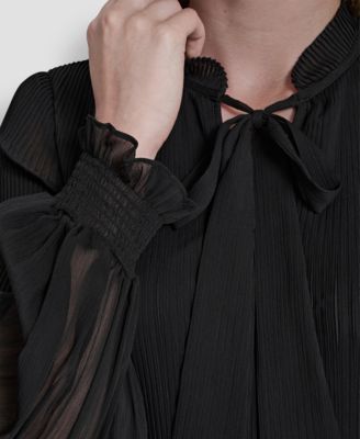 Women's Chiffon Pleated Tie Collar Shift Dress