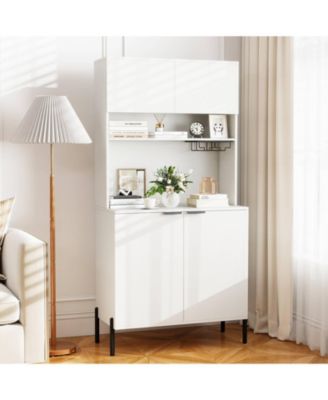 64.5” Kitchen Pantry Cabinet with Charging Station Wine Glass Rack Adjustable Shelf