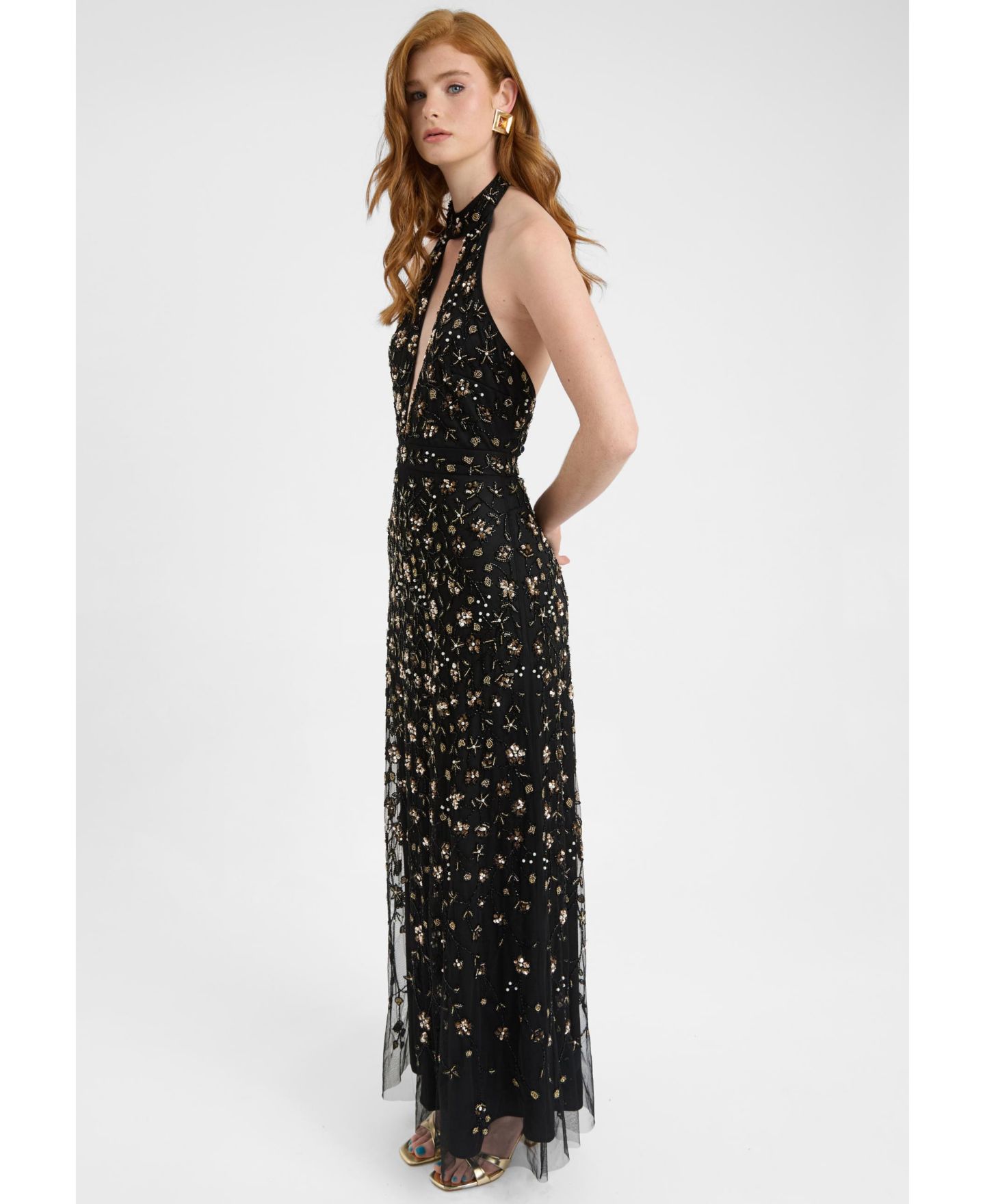 Женское платье BEAUUT Embellished Sequin Beaded Maxi Dress With Choker-Style Collar, цвет: Чёрный — фото 2