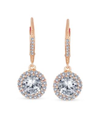 Set of 2 3Ct Cubic Zirconia Round Solitaire CZ Halo Dangle Drop Lever back Earrings .925 Sterling Silver