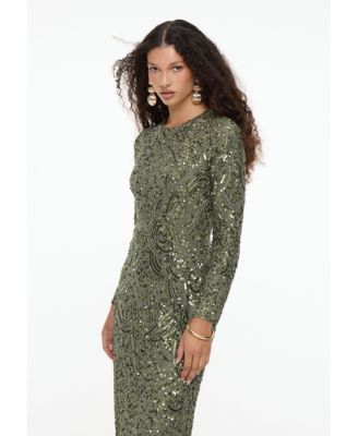 Women's Modest Embellished Sequin Beaded Maxi Dress