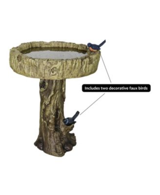 24.4" Wood-Look Concrete Bird Bath with faux bird, rustic and durable design for garden decor.