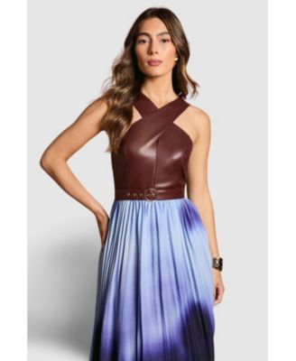 Women's PU Cross Neck Belted Midi Dress