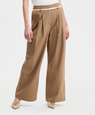 Women's Belted Pleated Wide-Leg Trousers
