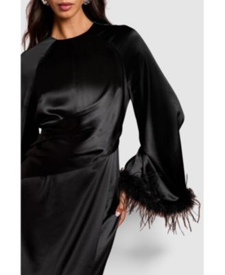 Women's Feather Trim Satin Maxi Dress