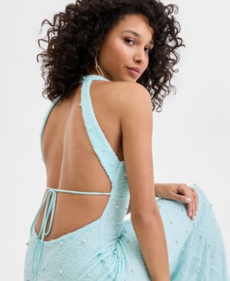 Juniors' V-Neck Low-Back Bead-Embellished Gown 