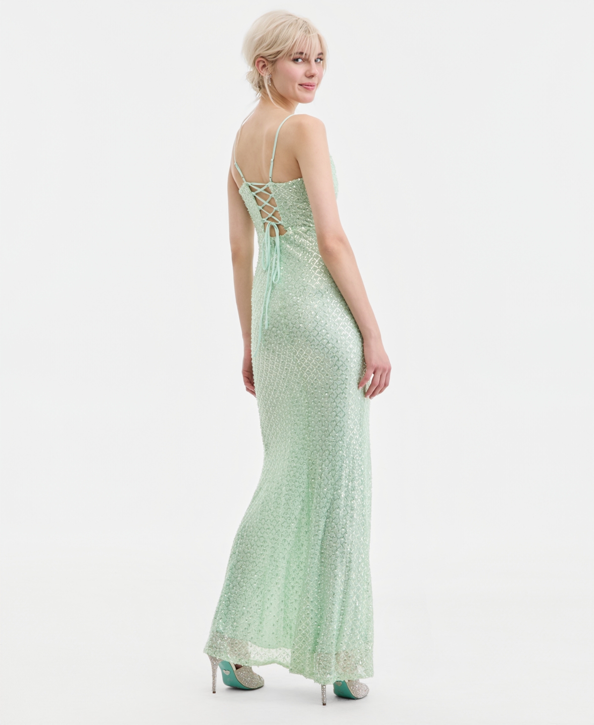 B Darlin Juniors' Beaded V-Neck Lace-Up-Back Gown