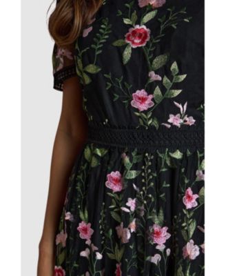 Women's Lace Trim Embroidered Mesh Midi Dress