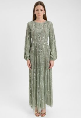Women's Modest Embellished Sequin Beaded Dress Maxi With Flowey A Line Bottom