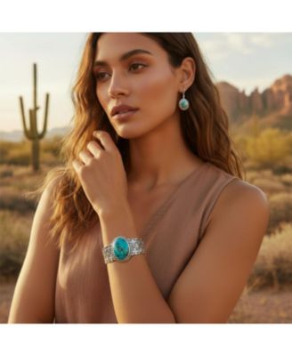 Stabilized Turquoise Floral Cross Infinity Wide Cuff Bracelet & Dangle Earrings Jewelry Set Sterling Silver