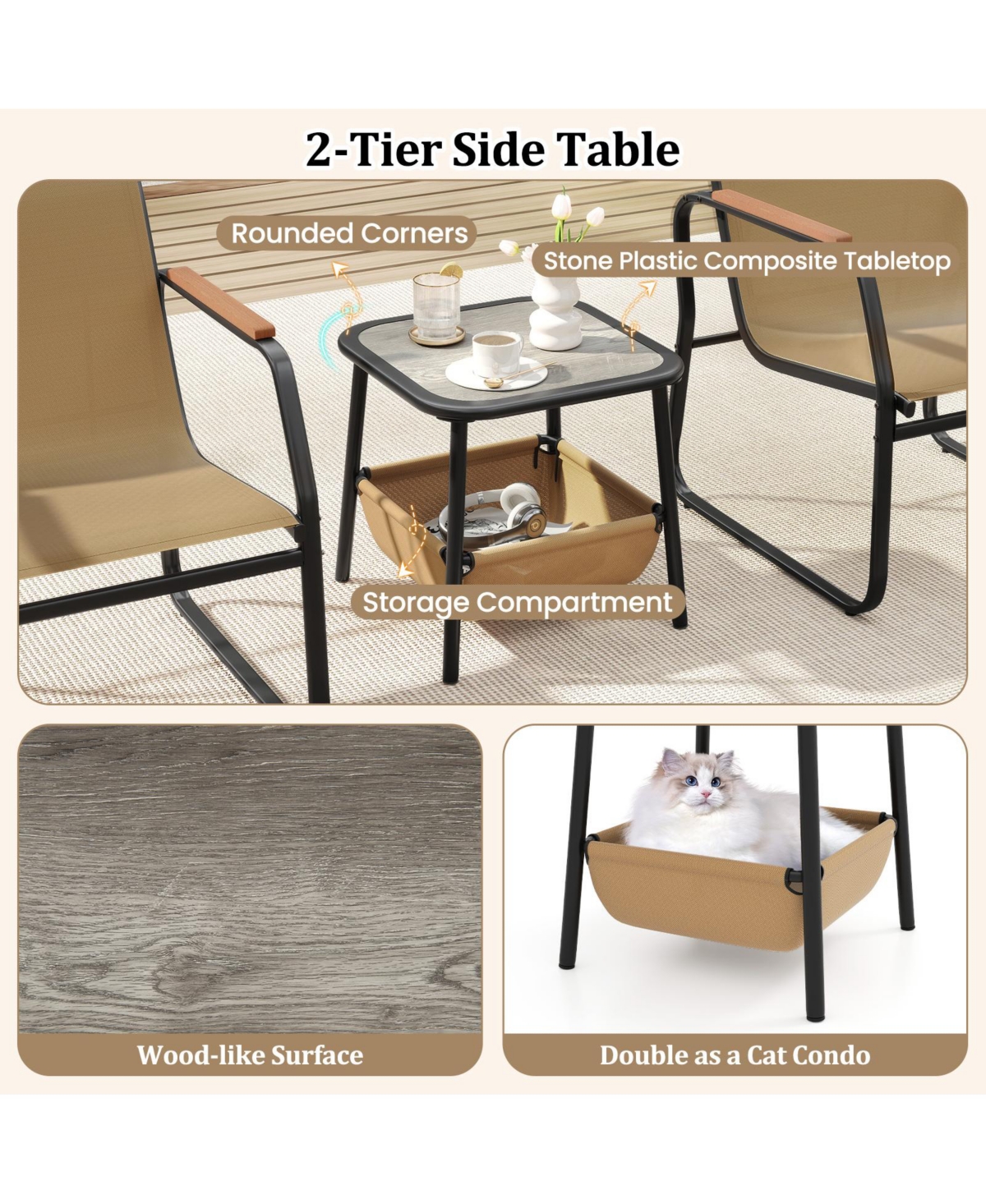 Gymax 3-Piece Bistro Set Patio Chairs & Side Table w/ Storage Basket Breathable Mesh Fabric