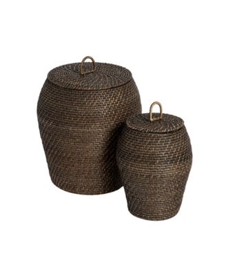 Rattan Wicker Storage Basket with Lid, Washed Black Finish, Set of 2