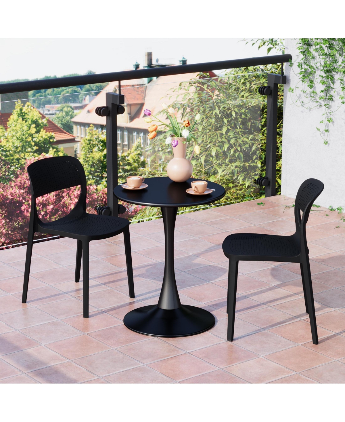 WestinTrends 3-Piece Round Metal Bistro Dining Table Set And Stackable Resin Patio Side Chairs