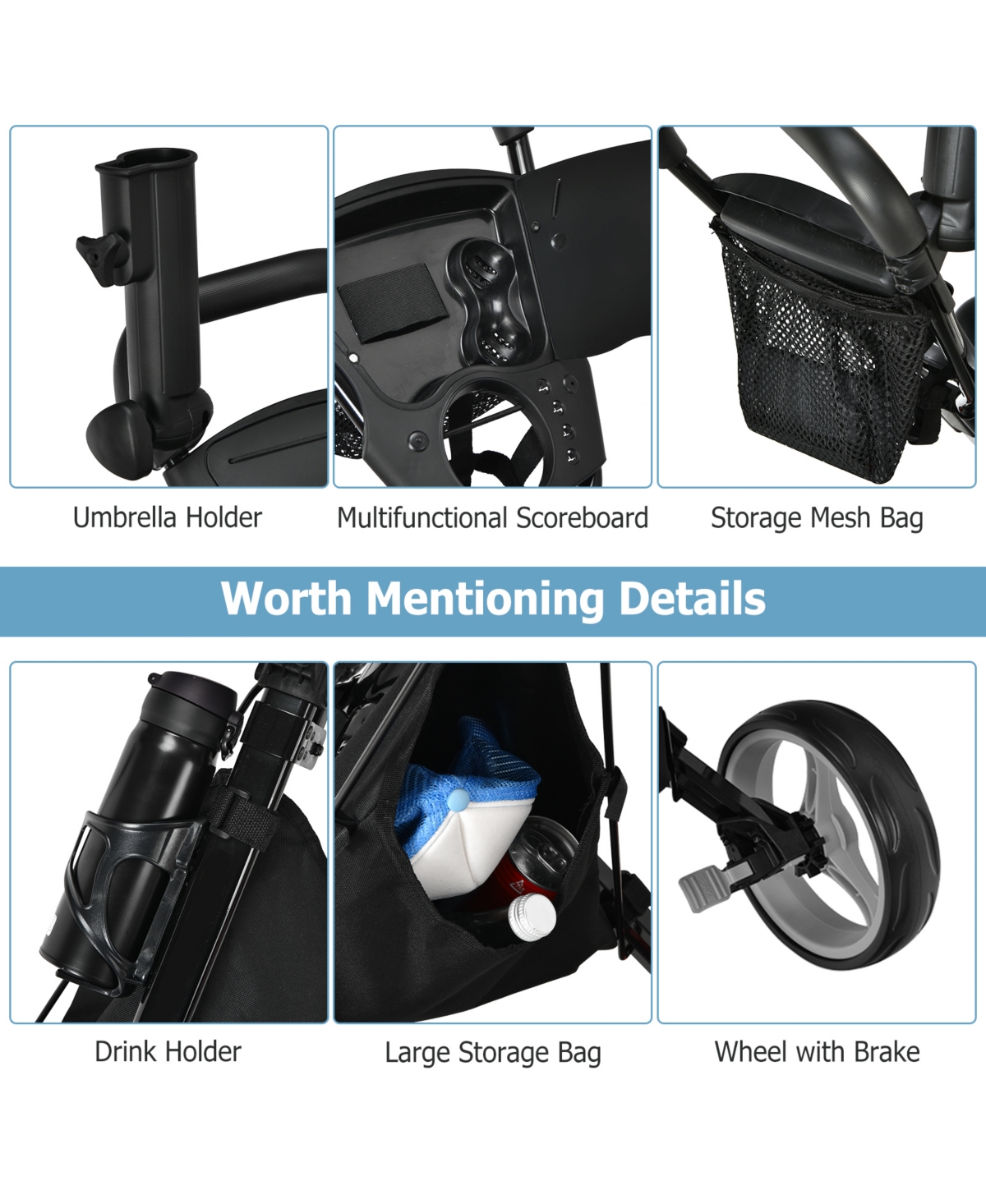 Givimo 3 Wheels Folding Golf Push Cart with Seat Scoreboard and Adjustable Handle-Gray