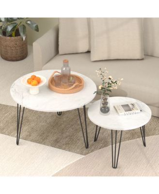 27.56 Inch Round Nesting Coffee Table Set of 2 with Marble Tabletop and Metal Base