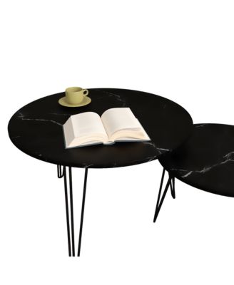 27.56 Inch Round Nesting Coffee Table Set of 2 with Marble Tabletop and Metal Base