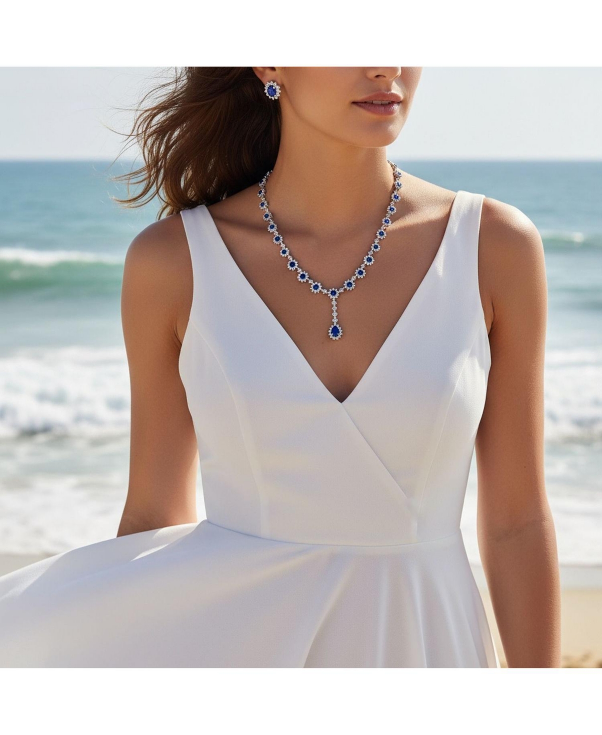 Bling Jewelry Royal Blue Cz Cubic Zirconia Collar Necklace & Oval Halo Stud Earrings Jewelry Set