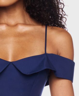 Juniors' Sweetheart Spaghetti-Strap Cold-Shoulder Twill Fit & Flare Dress