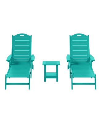 3-Piece Polyethylene Outdoor Patio Chaise Lounge Chair with Wheels & Cup Holder with Patio Side Table
