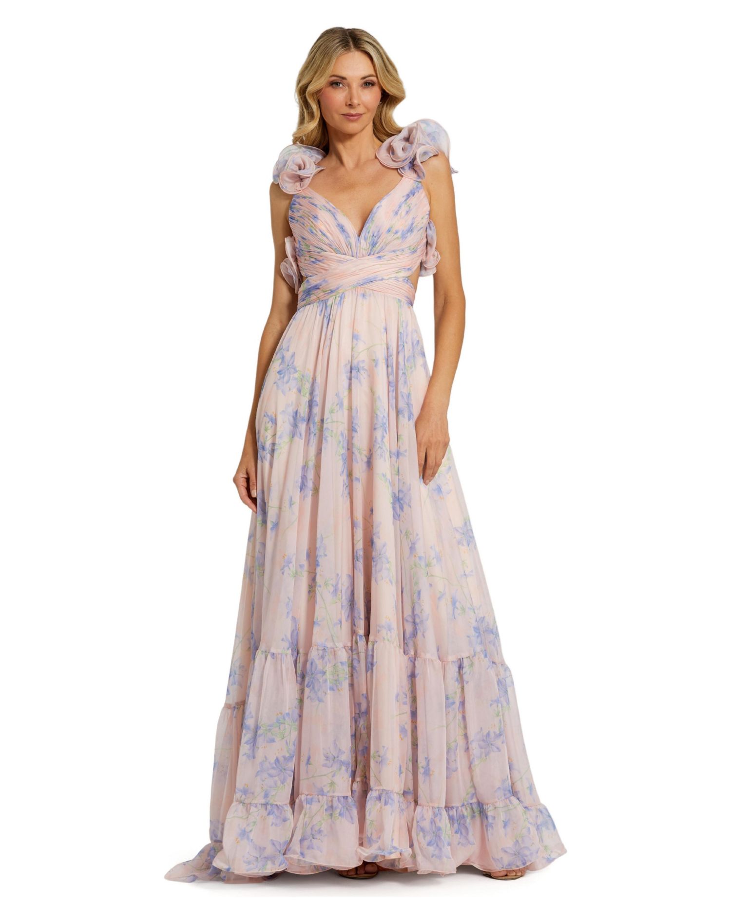 Women's Ruffle Tiered Floral Cut-Out Chiffon Gown