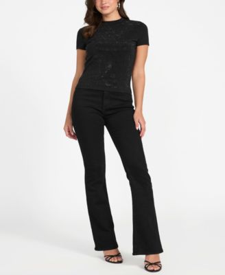 Women's Rhinestone-Logo Mock-Neck Short-Sleeve Top