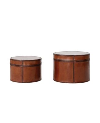 2-Piece Wood and Leather Round Boxes, Cognac Color