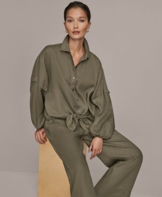 Women's Long Blouson Sleeve Button Adjustable Tie Shirt