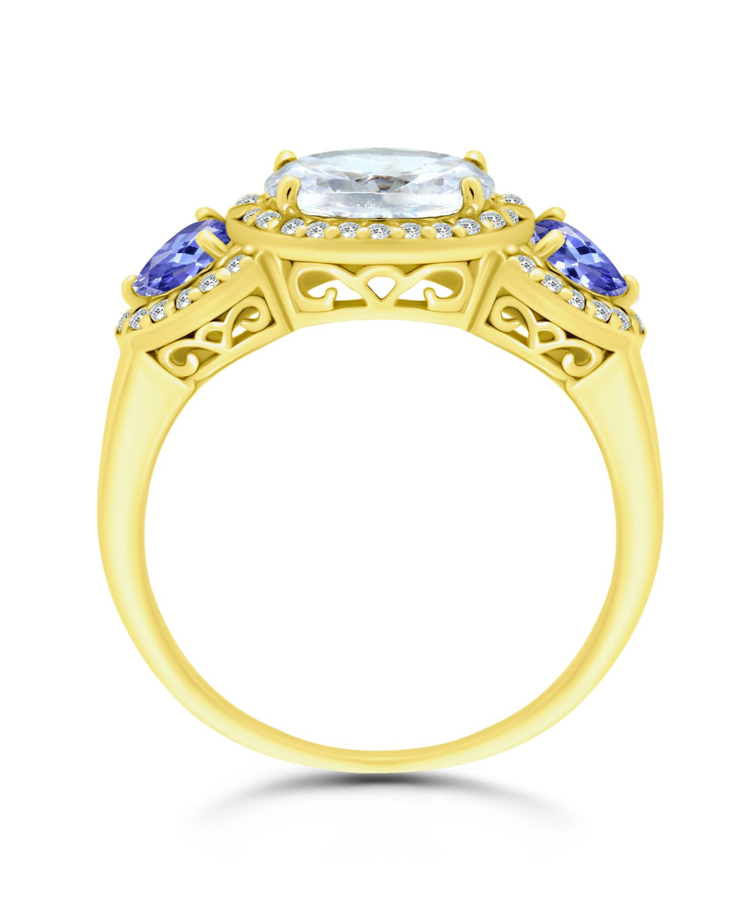 Cubic Zirconia Oval, Tanzanite Accents 3 Stone Ring