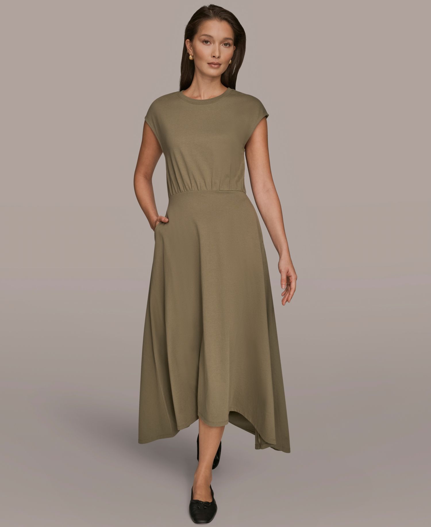 Women's Cotton Jersey Hi Lo Cap Sleeve Crew Neck Dress