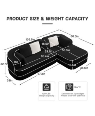 106" Teddy Fabric Sofa, No Assembly, L-Shaped Chaise, Black