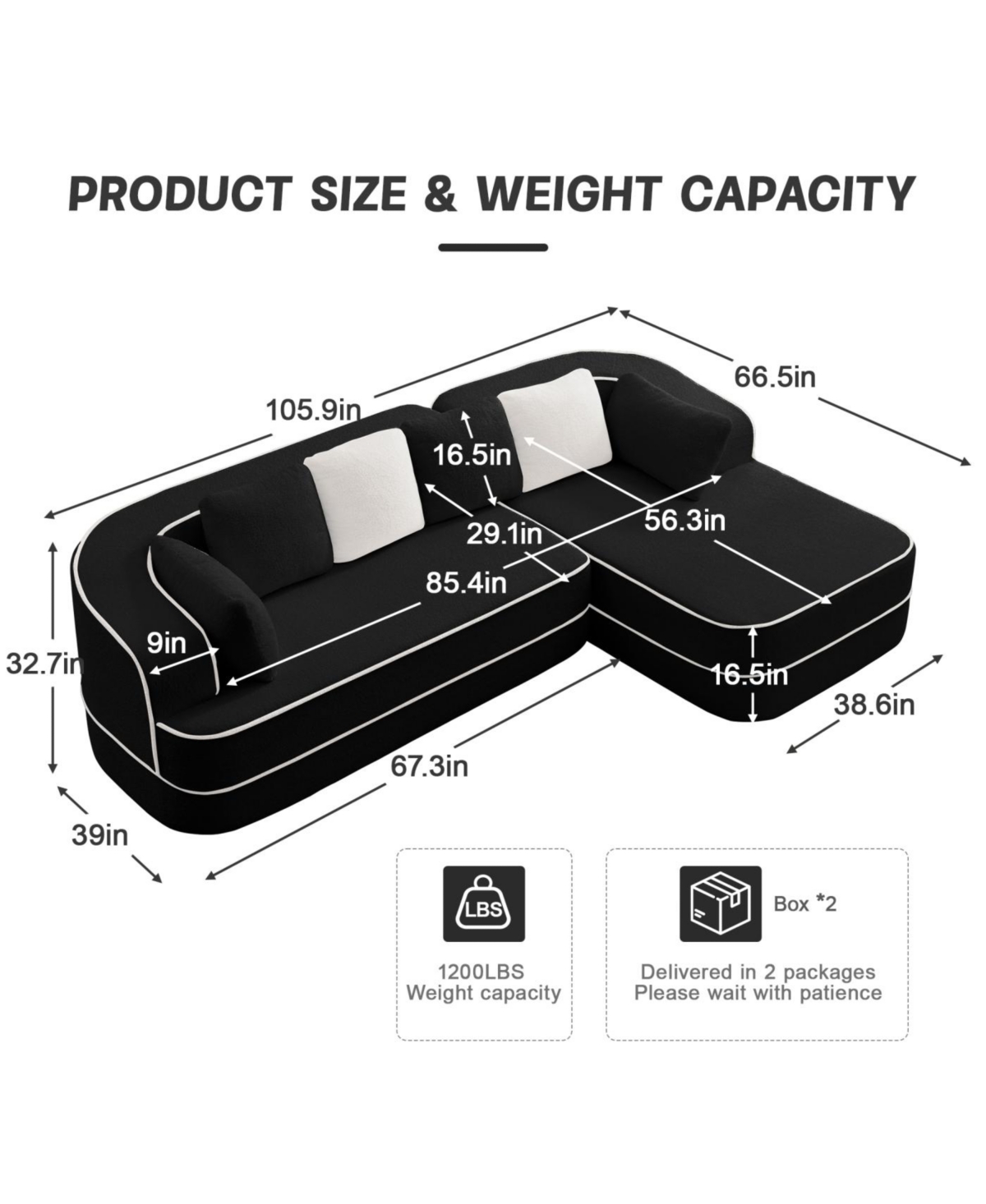 Streamdale Furniture 106" Teddy Fabric Sofa, No Assembly, L-Shaped Chaise, Black