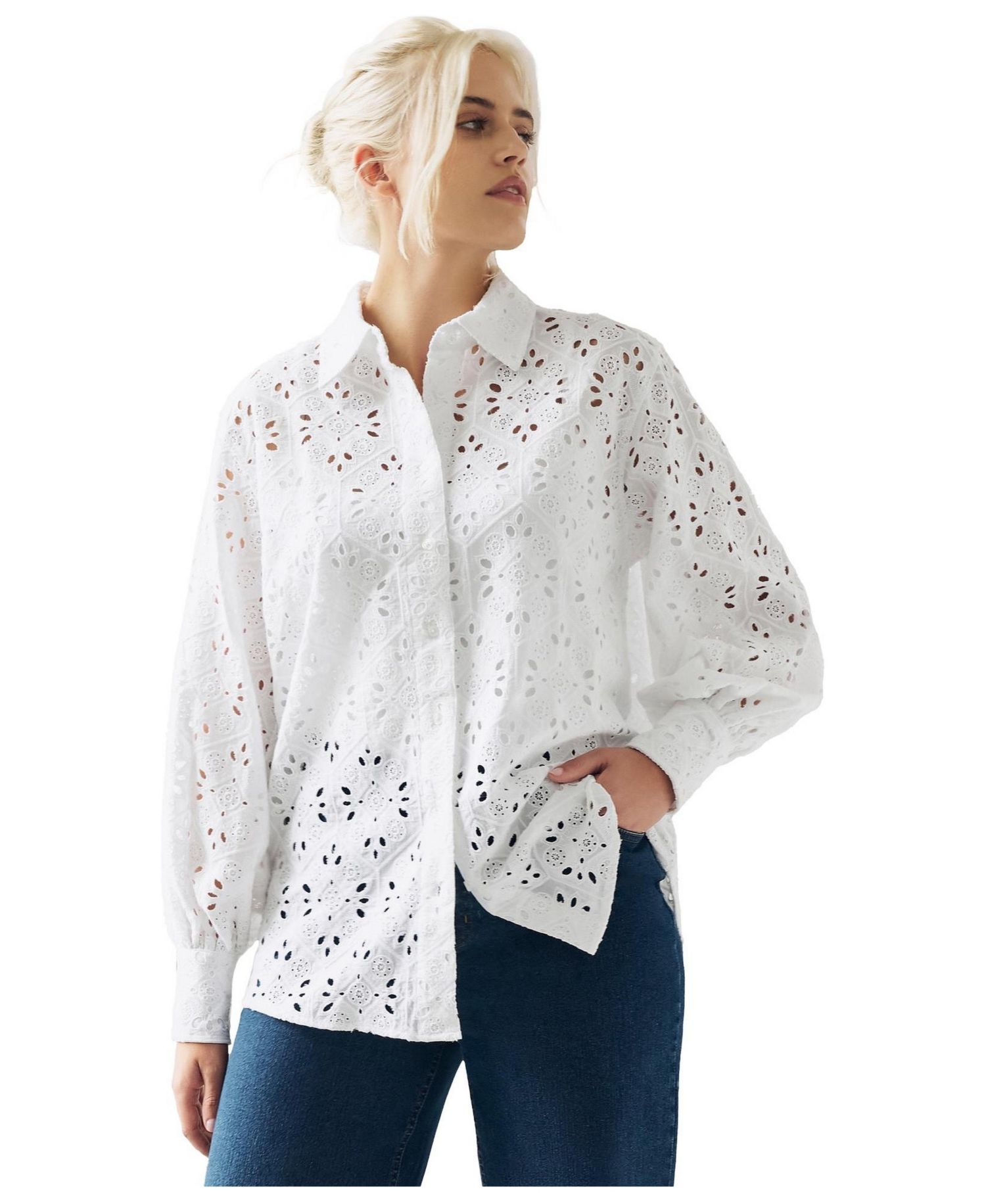 Plus Size Eyelet Button Front Shirt With Blouson Sleeves