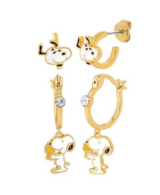 Snoopy Earring Set, 2-Pair, Gold-Tone Studs & Dangle Hoops