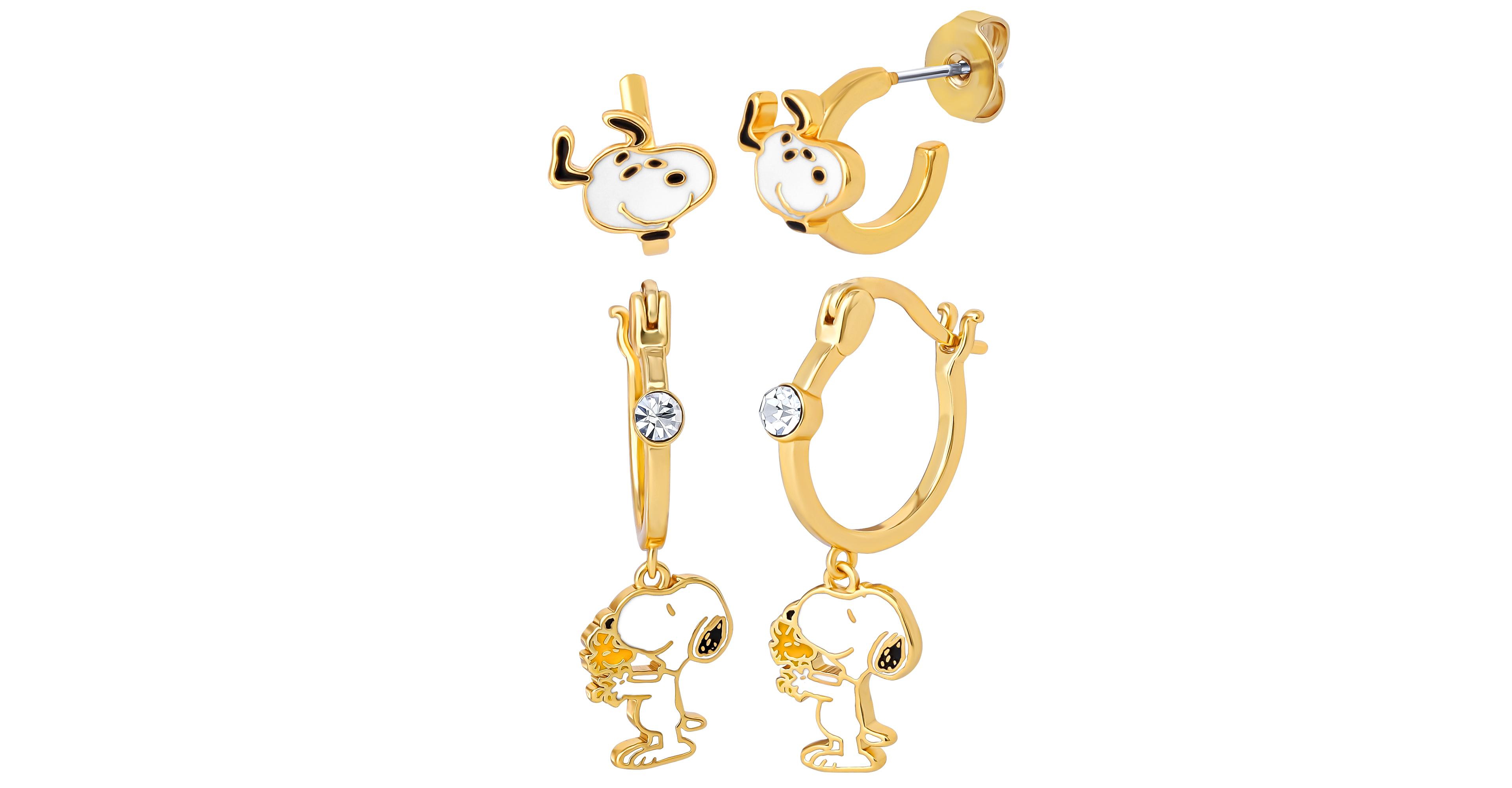 Peanuts Snoopy Earring Set, 2-Pair, Gold-Tone Studs & Dangle Hoops