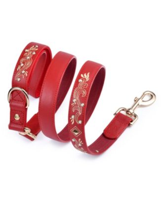 Western Style Full Grain Genuine Leather Dog Leash with Embroidery and Pearl or Turquoise Studs