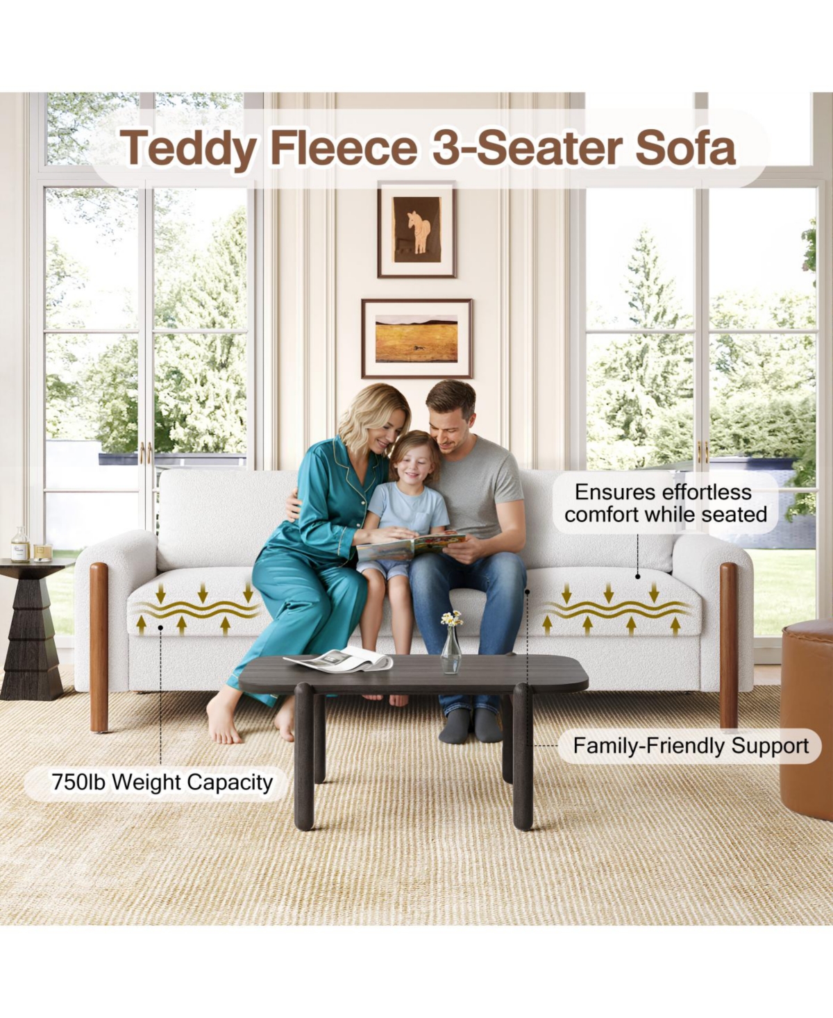 Streamdale Furniture 83.86" 3-Seater Sofa, Curved Armrest, Teddy Velvet, Solid Wood Legs & Frame, Green