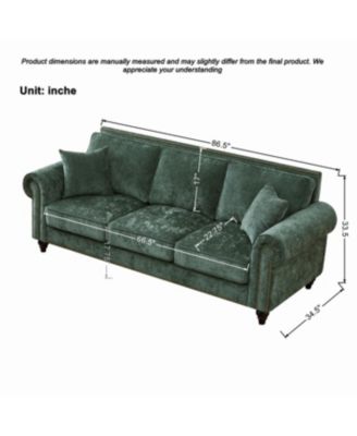 86" Modern Chenille 3-Seater Sofa with Rolled Arms & Wood Legs (Green