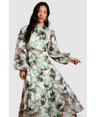 Women's Puff Sleeve Jacquard Midaxi Dress