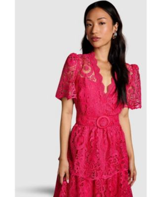 Women's Short Sleeve Tiered Lace Midi Dress