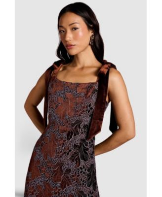 Women's Velvet Lace Tie Shoulder Midi Dress