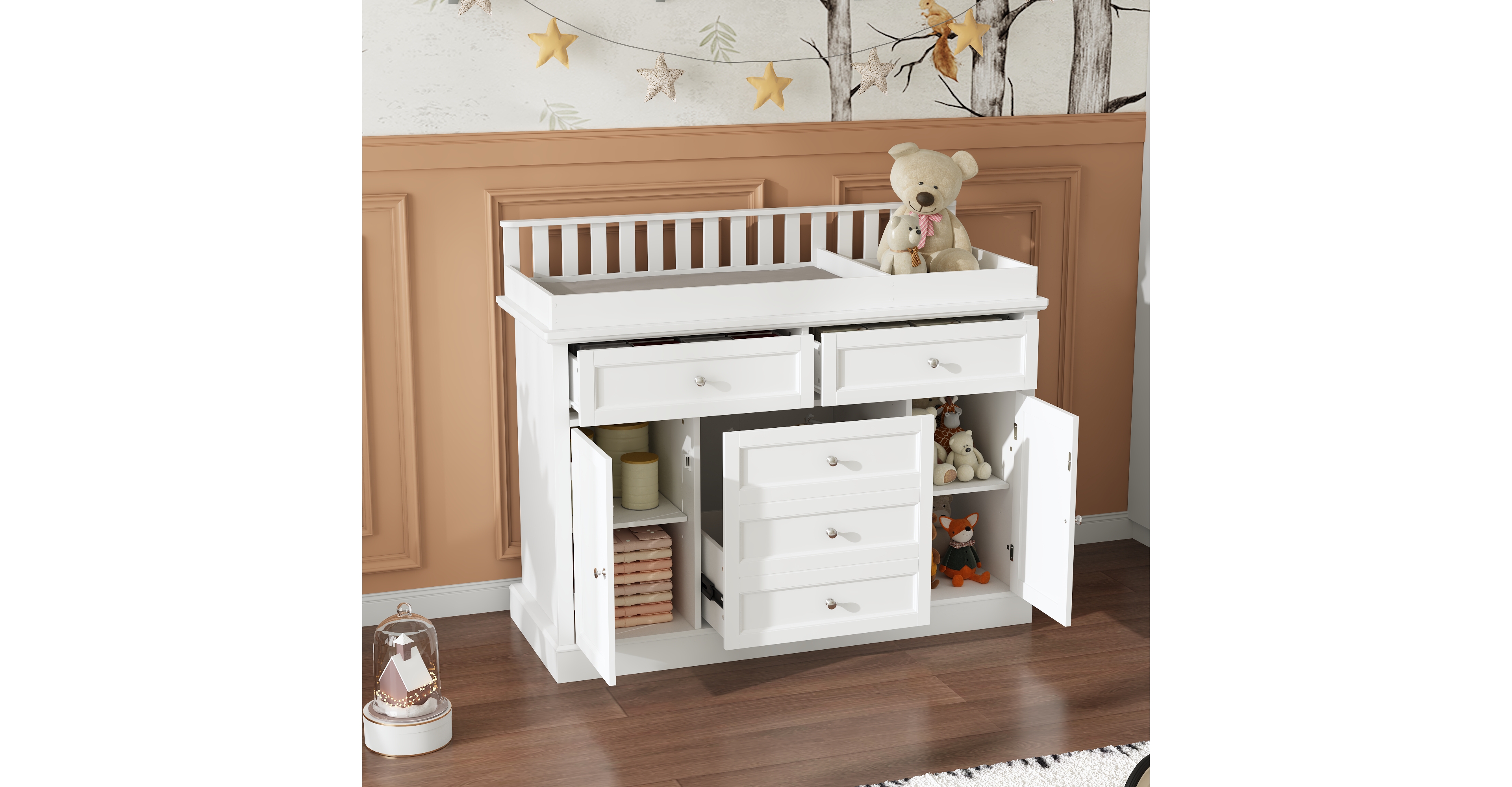 Changing Table, Chest of Drawers, Dresser with 3 Drawers, 4 Shelves and 2 Doors