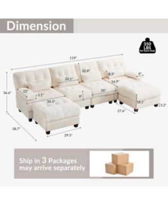 Streamdale 119" 4-Seater Sofa w/ 2 Ottomans, Adj. Backrest, 350lb/Seat, Chenille