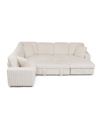 Streamdale Beige Corduroy Striped U-shaped Sofa with Pull-out Bed & Storage Chaise