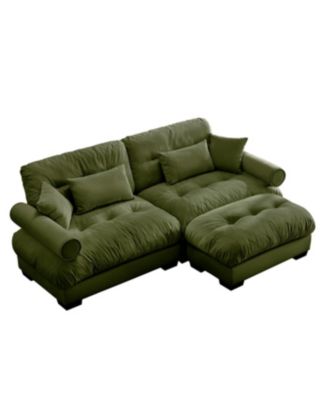  Olive Green Velvet Two-Seater Sofa with Ottoman and Pillows