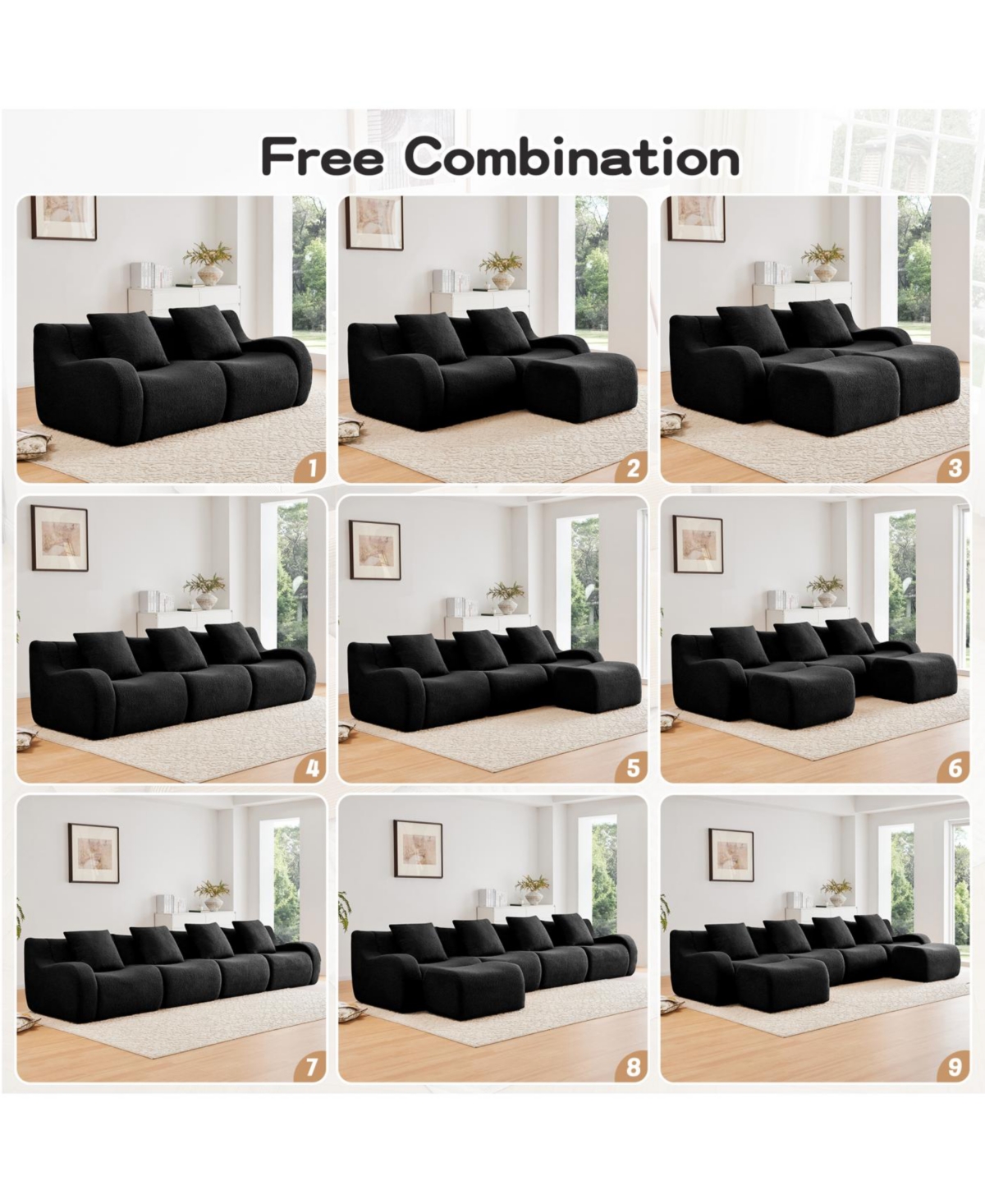Streamdale Furniture Streamdale Boneless Sofa, 3 Seat Teddy Fabric, Anti-Slip, No Assembly, Black
