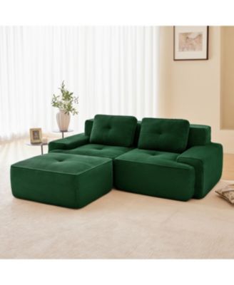  Modern L-Shaped Corduroy Sectional Sofa with Ottoman, Green